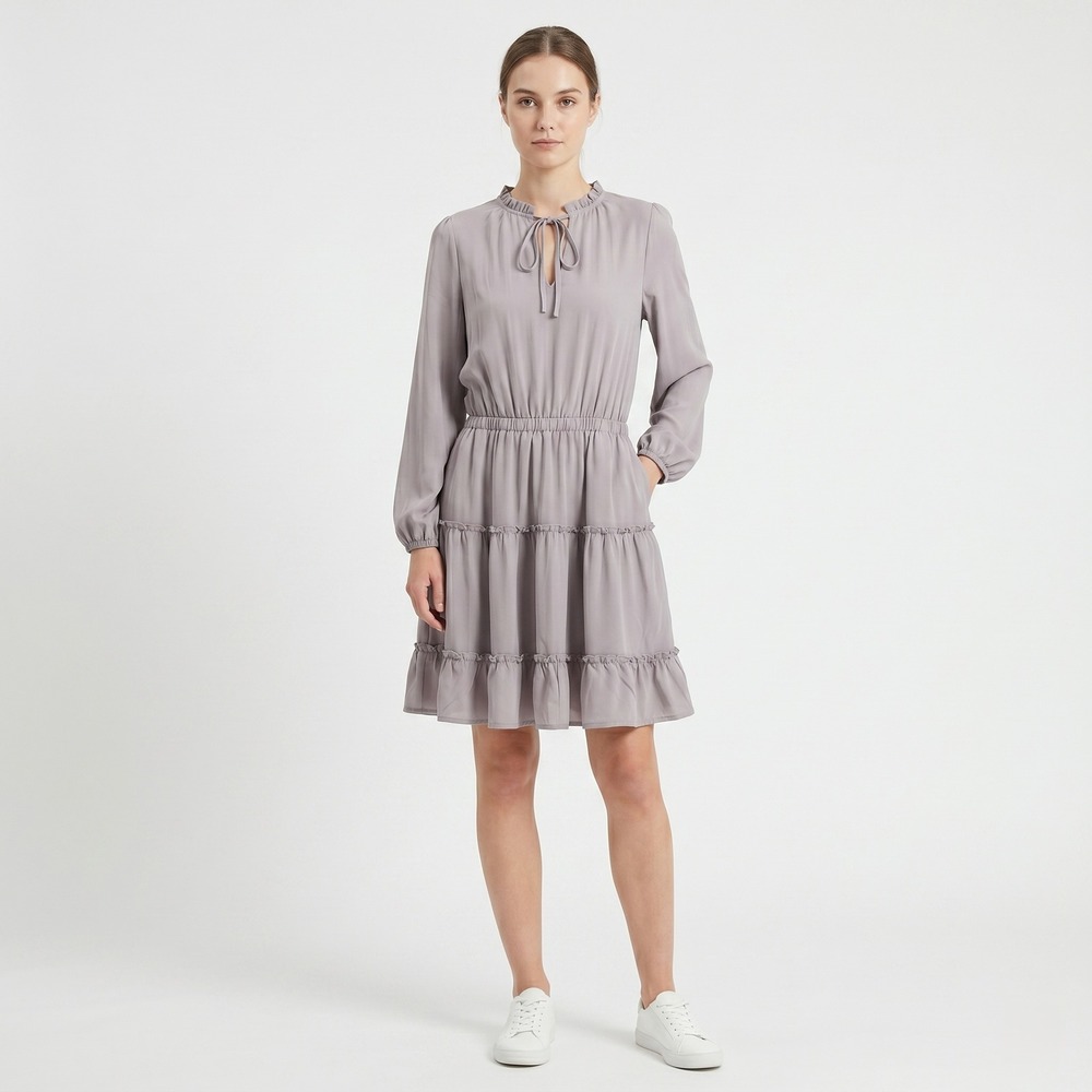 BTFBM Womens Mini‎ Dress Small Mauve Ruffle Tie Neck Tiered Long Sleeve Boho